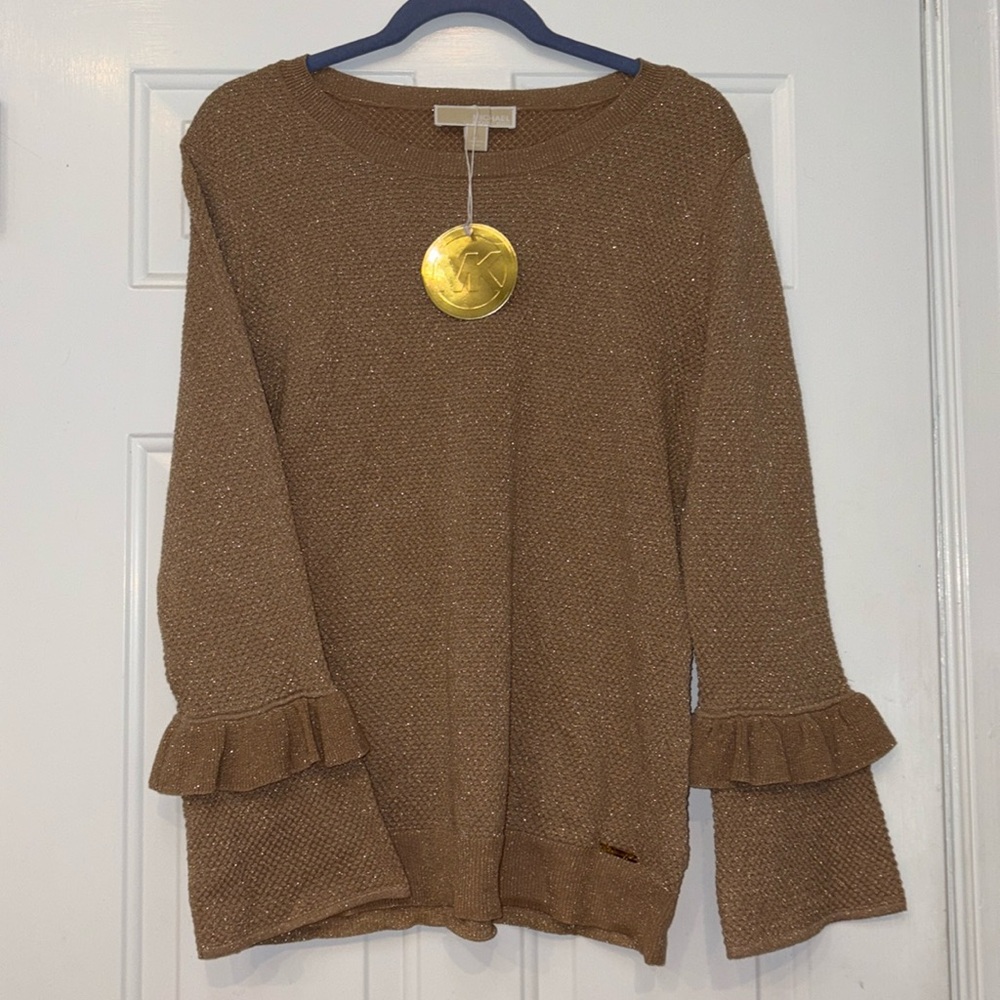 MICHAEL Michael Kors Knit Ruffle Sleeve Tan w Metallic Gold NWOT
